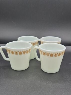 Vintage Pyrex White Mugs with Gold Butterfly And Floral Trim 70s